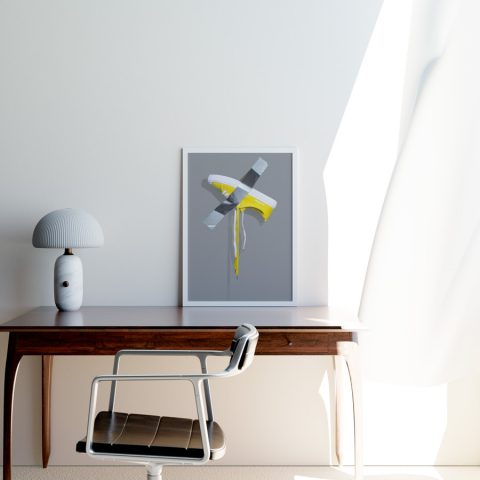 A3 print mockup in a frame on a desk - The image features a Yellow Cariuma OCA sneaker in collaboration with Pantone stuck to a wall with duck tape