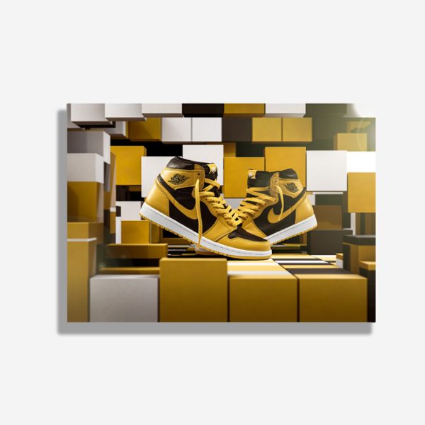 A4 print mockup - The image features a Nike Air Jordan 1 high top sneaker in yellow arranged on a CG background of blocks of different colours