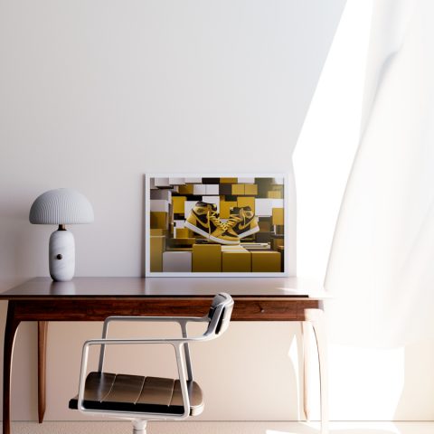 A3 print mockup in a frame on a desk - The image features a Nike Air Jordan 1 high top sneaker in yellow arranged on a CG background of blocks of different colours