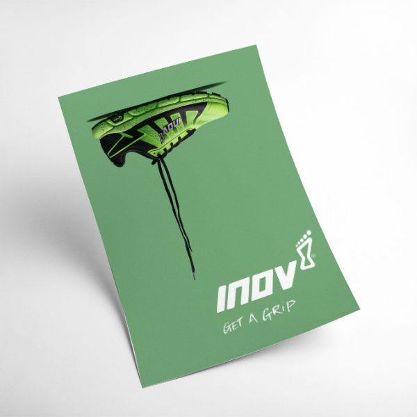 A4 print mockup - The image features the Terraultra running shoe from Inov8 stuck to the ceiling with words 'get a grip' below it
