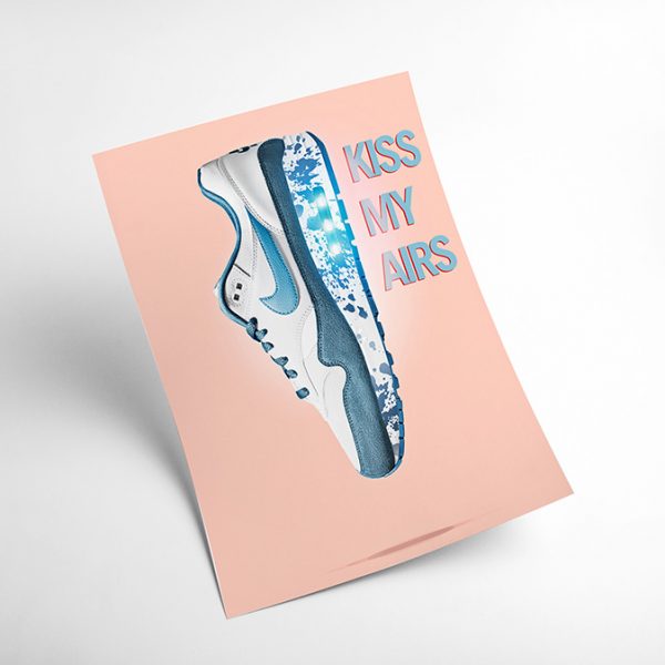 A4 print mockup - The image features a Nike Air Max sneaker in blue with the words 'Kiss my Airs' in bold type next to it.