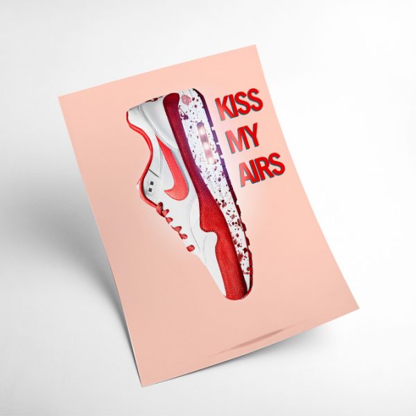 A4 print mockup - The image features a Nike Air Max sneaker in Red with the words 'Kiss my Airs' in bold type next to it.