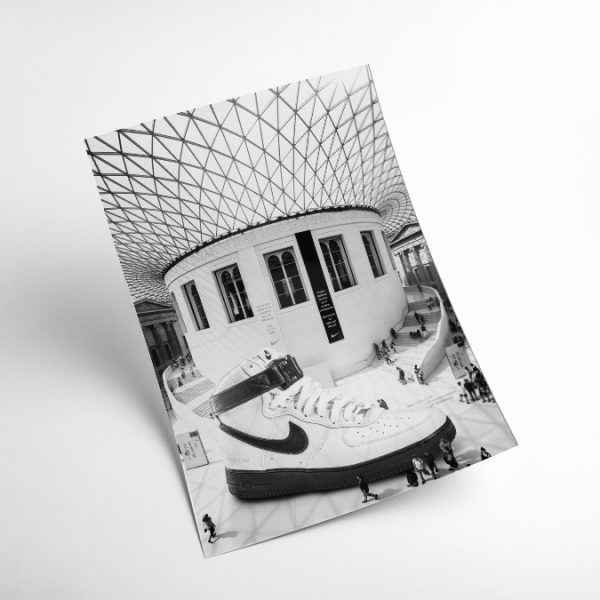 A4 print mockup - The image features a Nike Air Force 1 mid sneaker collaboration with Alyx as a giant shoe in the British Museum