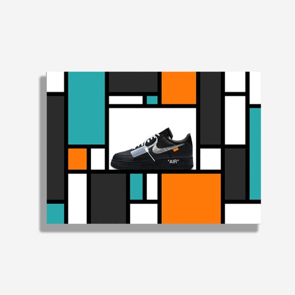A4 print mockup - The image features a Nike Air Force 1 sneaker in an off white collaboration black MoMa colourway. The sneaker is presented on a mondrian inspired background of colourful lines and squares