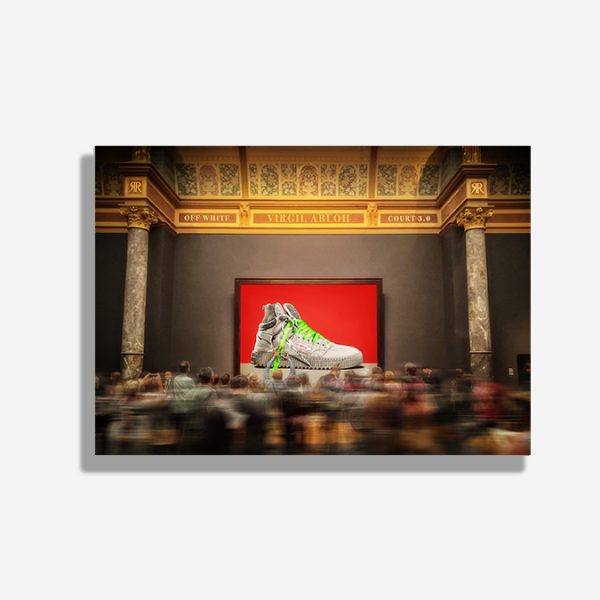 A4 print mockup - The image features an Off White Court 3 Sneaker on a red background. The images is shown as a piece of renaissance style art in a gallery with people walking in front of it.