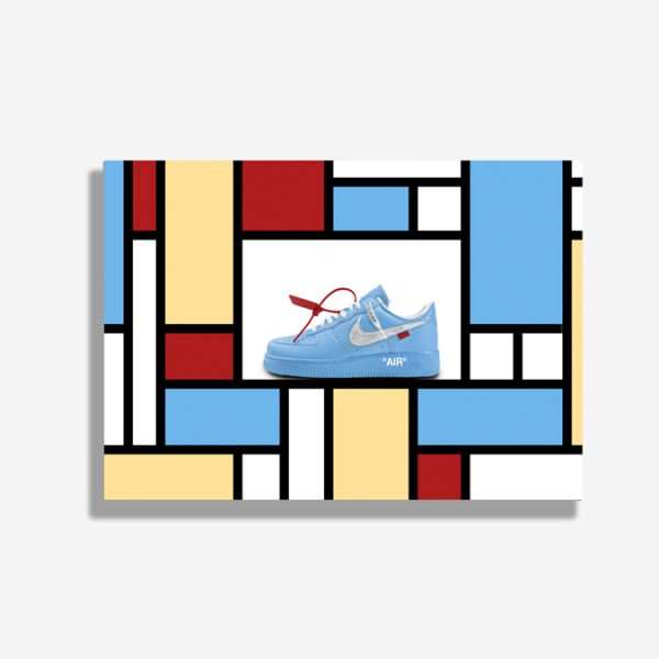 A4 print mockup - The image features a Nike Air Force 1 sneaker in an off white collaboration blue colourway. The sneaker is presented on a mondrian inspired background of colourful lines and squares