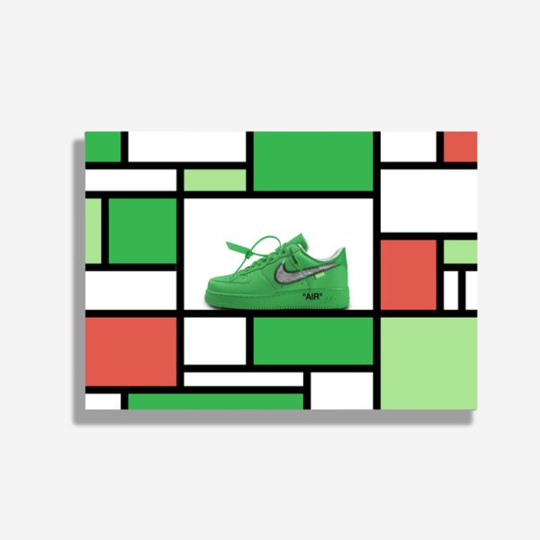 A4 print mockup - The image features a Nike Air Force 1 sneaker in an off white collaboration green colourway. The sneaker is presented on a mondrian inspired background of colourful lines and squares