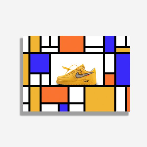 A4 print mockup - The image features a Nike Air Force 1 sneaker in an off white collaboration yellow colourway. The sneaker is presented on a mondrian inspired background of colourful lines and squares
